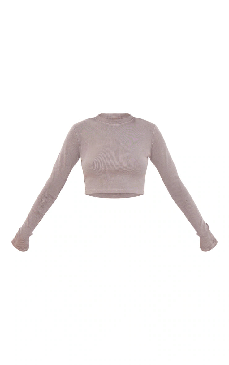 Tall Taupe Washed Ribbed Long Sleeve Crop Top