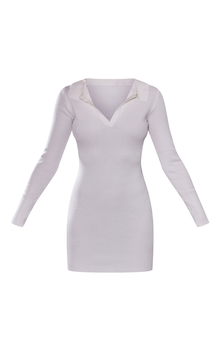 Cream Long Sleeve Ribbed Knitted Bodycon Mini Dress