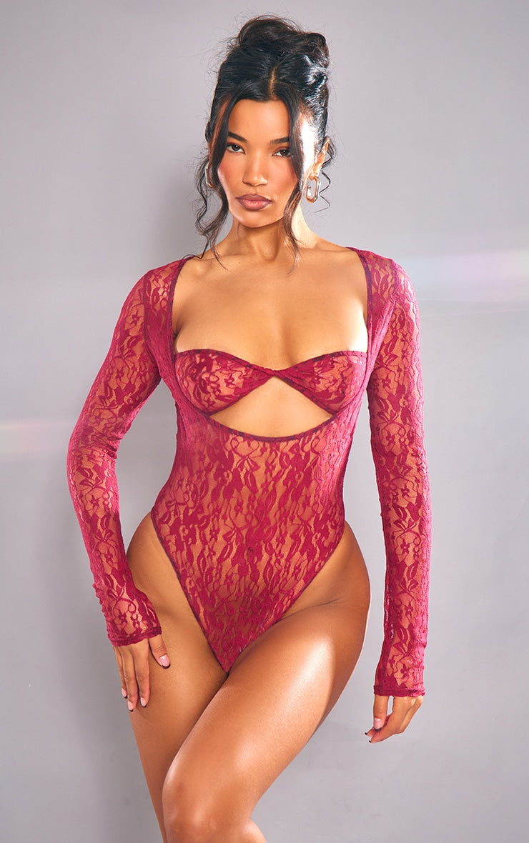 Cherry Red Lace Bandeau Detail Long Sleeve Bodysuit