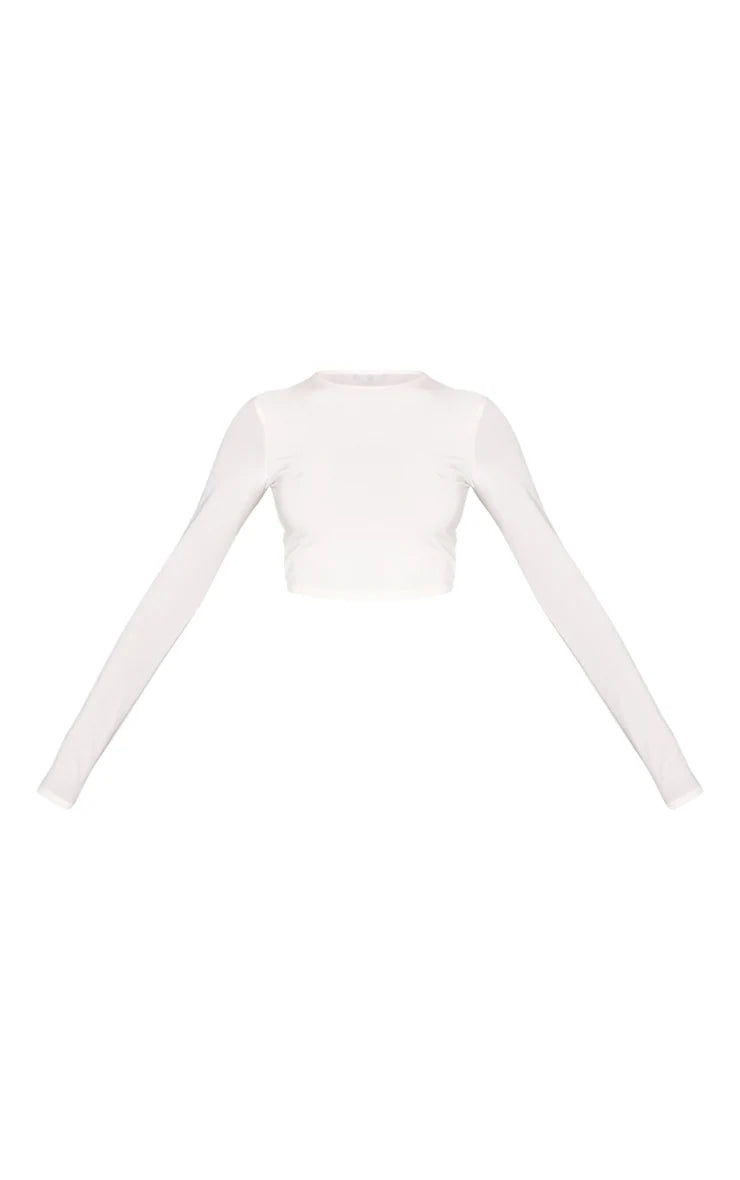 White Basic Slinky Long Sleeve Crop Top