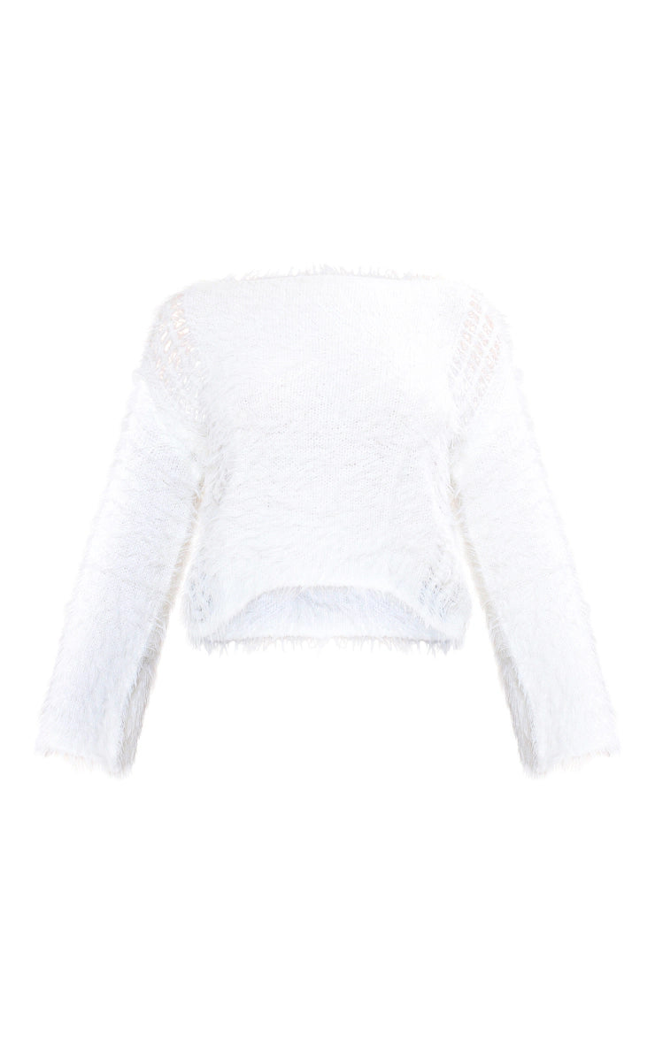 WHITE EYELASH KNITTED LADDER DETAIL SWEATER