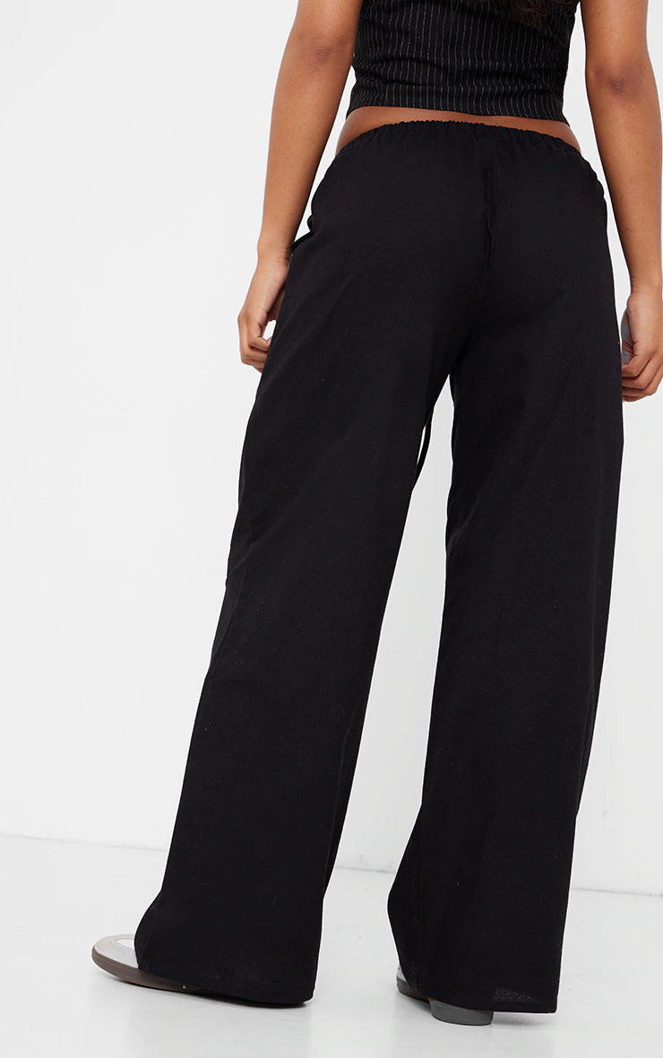 Black Linen Feel Drawstring Waist Trousers