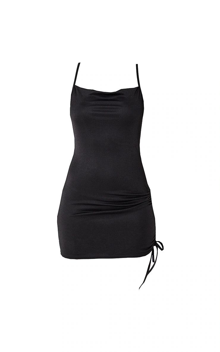 Black Cowl Neck Ruched Side Bodycon Dress