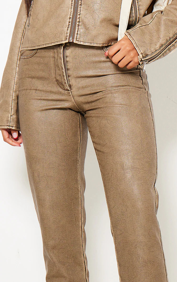 Premium Washed Light Brown Faux Leather Low Rise Straight Leg Trousers