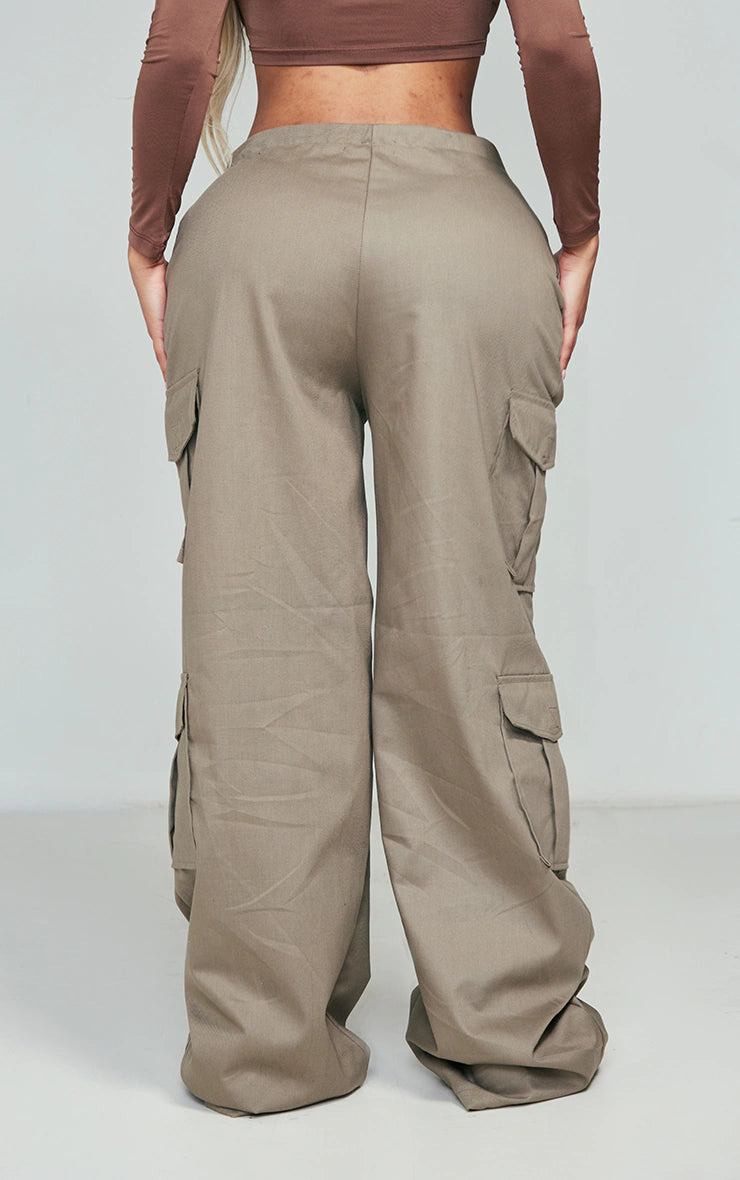 Shape Khaki Cargo Fold Waistband Pocket Detail Pants