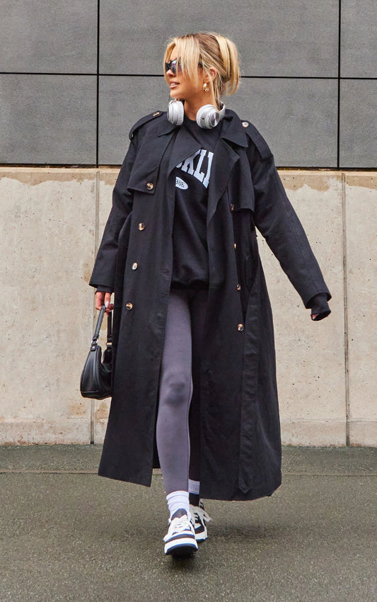 Black Belted Double Breasted Trench Coat