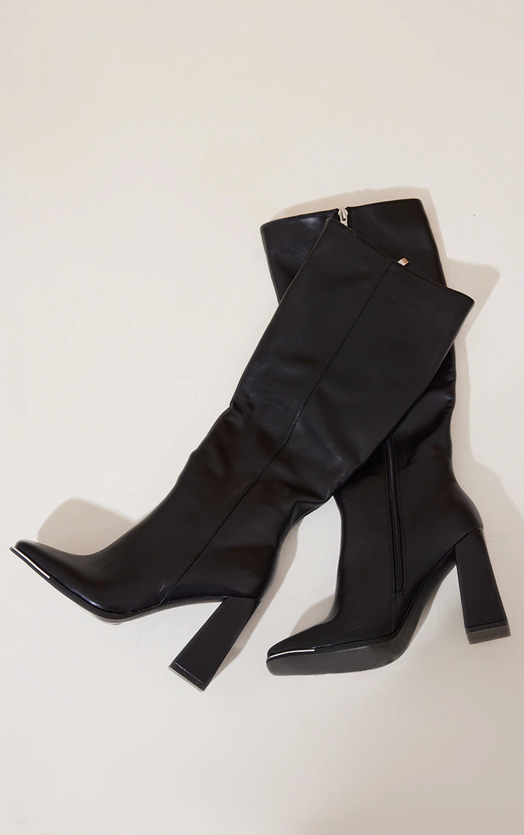 BLACK PU TOE CAP FLARE HEELED KNEE BOOTS