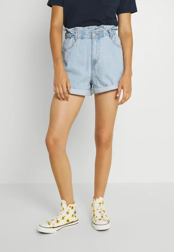 Paperbag Denim Shorts Pale Blue