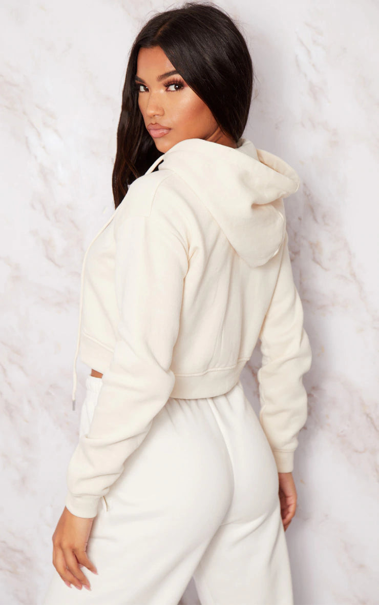 Cream Zip Crop Hoodie