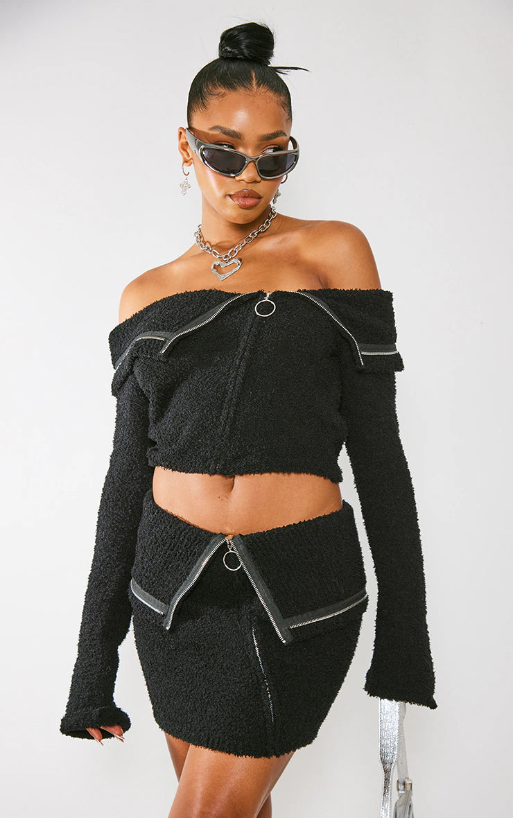 BLACK FLUFFY KNIT FOLD OVER ZIPPED CROP JACKET