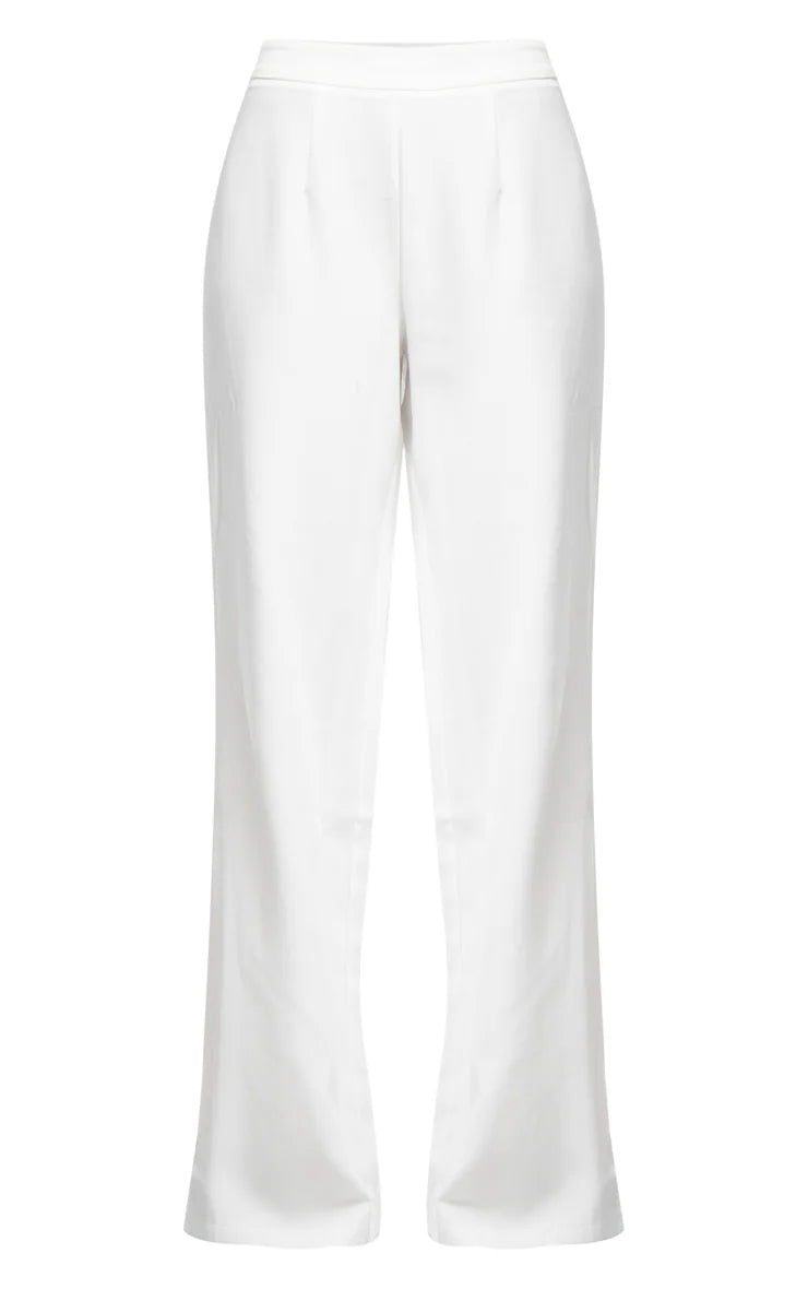 White Woven High Waisted Tailored Wide Leg Trousers