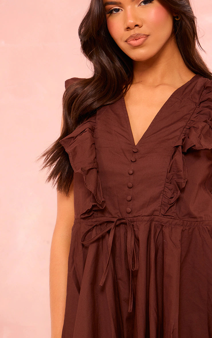 Chocolate Poplin Button Detail Flare Short Playsuit