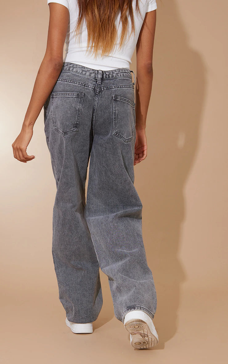 Washed Grey Dipped Back Waistband Boyfriend Jeans