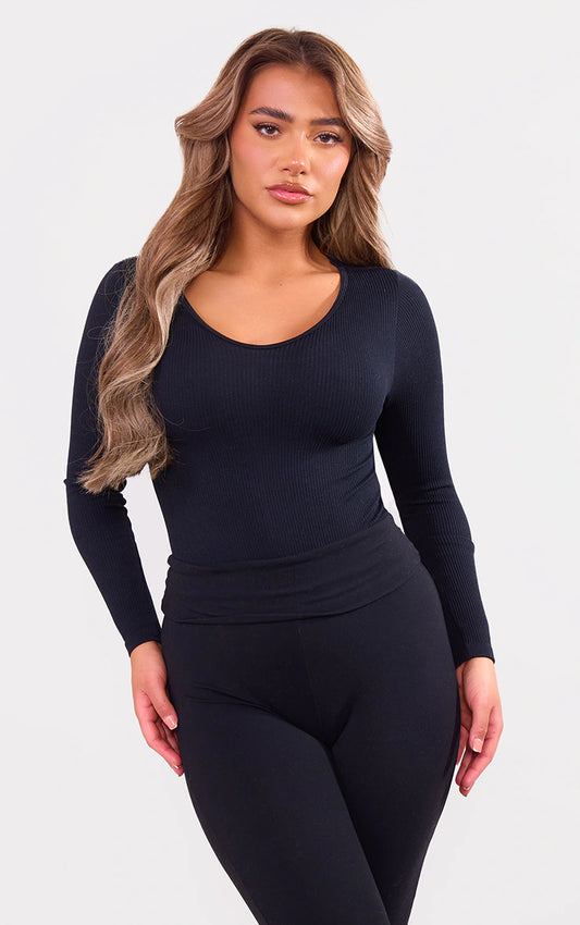 Black Contour Rib Scoop Neck Bodysuit