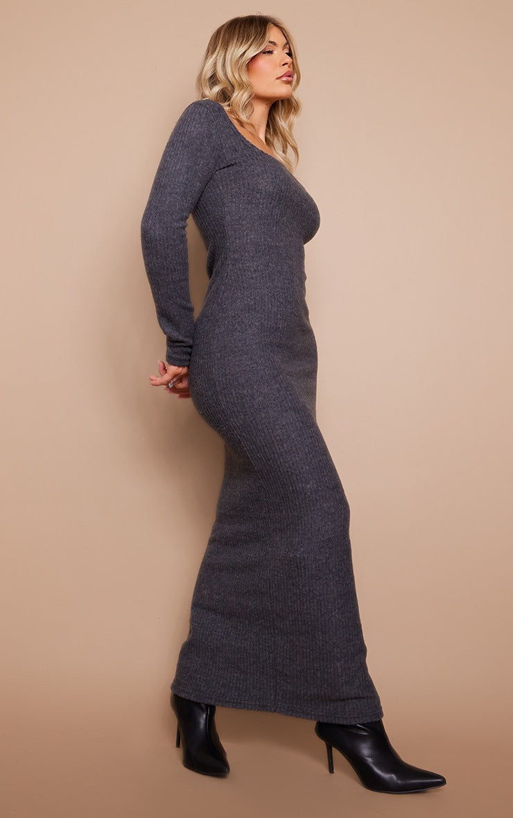 CHARCOAL BRUSHED RIB SQUARE NECK LONG SLEEVE MAXI DRESS