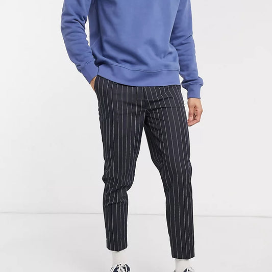 Smart Tapered Pinstripe Trousers In Navy