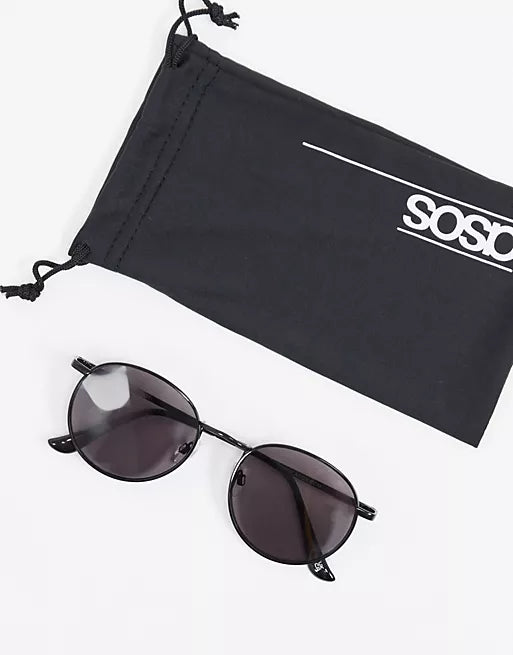 Metal Round Sunglasses In Shiny Black