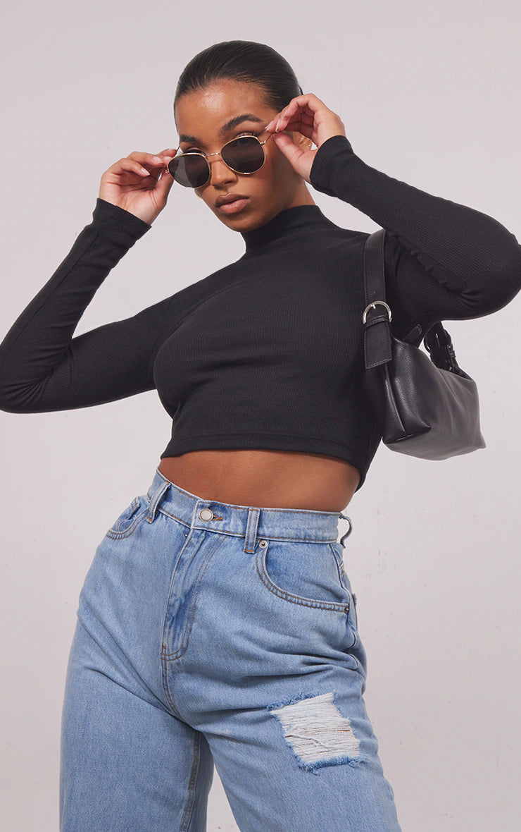 BLACK BASIC SOFT RIBBED HIGH NECK LONG SLEEVE CROP TOP