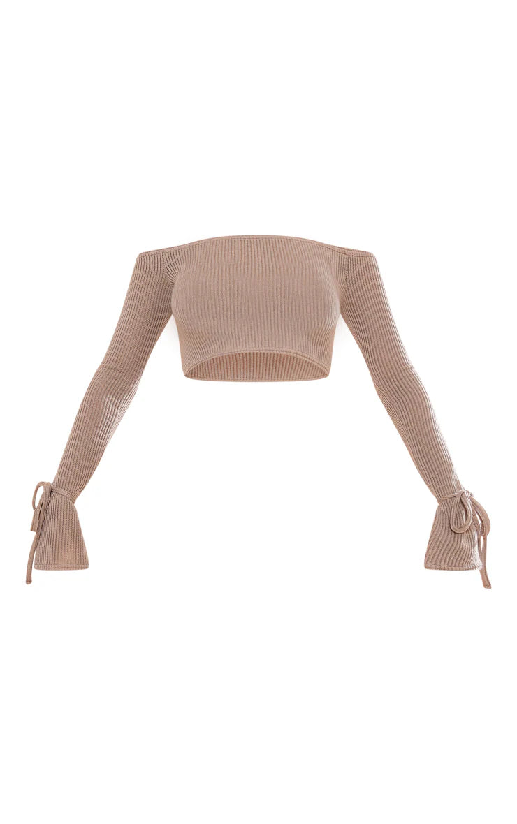 STONE SHEER SOFT RIB BARDOT LONG SLEEVE CROP TOP