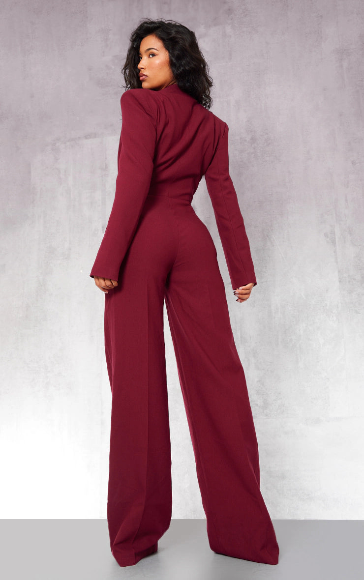 Burgundy Tailored Satin Lapel Straight Leg Jumpsuit