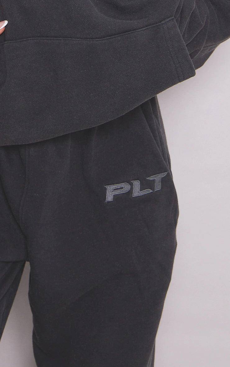 CHARCOAL WASHED BLOCK EMBROIDERED OVERSIZED WIDE LEG SWEATPANTS