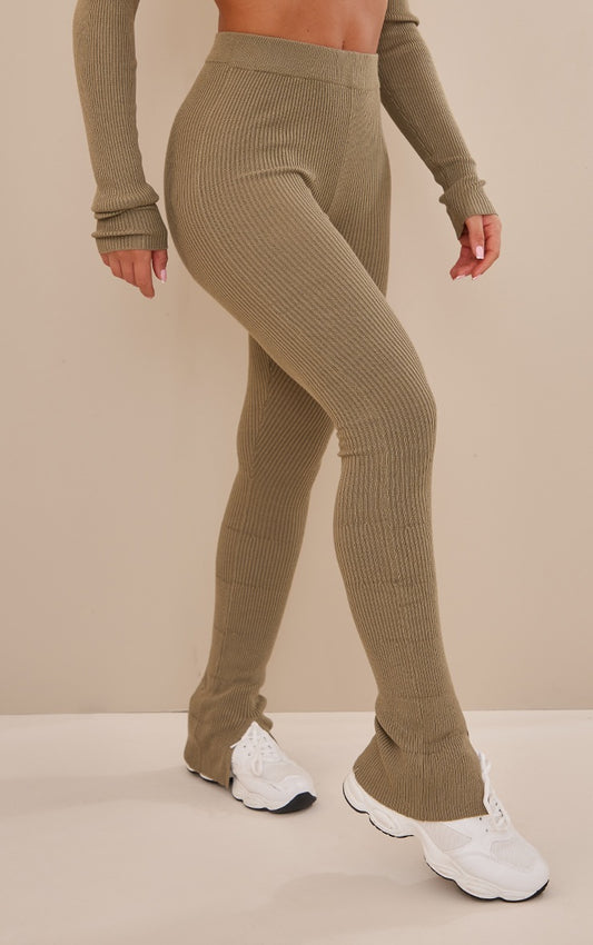 Khaki Knitted Split Hem Flare Pants