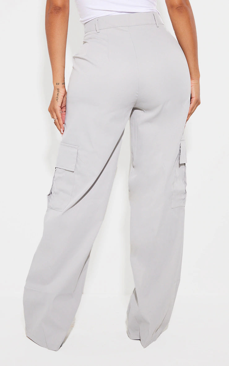 SHAPE LIGHT GREY BUCKLE DETAIL CARGO WIDE LEG PANTS