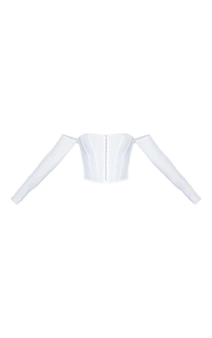 White Bandage Hook And Eye Bardot Long Sleeve Corset