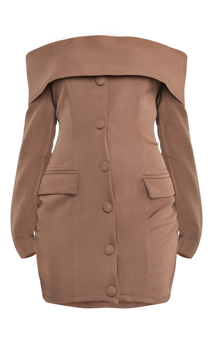 Chocolate Off Shoulder Button Front Shift Blazer Dress