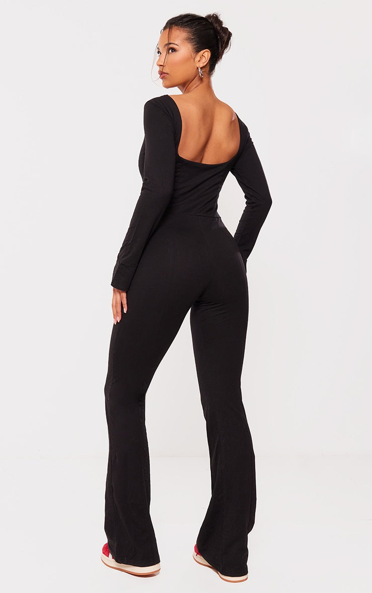 BLACK COTTON DETAIL FLARE LEG JUMPSUIT