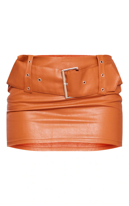 Tan Faux Leather Belted Low Rise Micro Mini Skirt