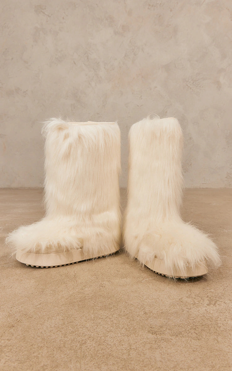 Cream Extra Fluffy Faux Fur Calf Boots