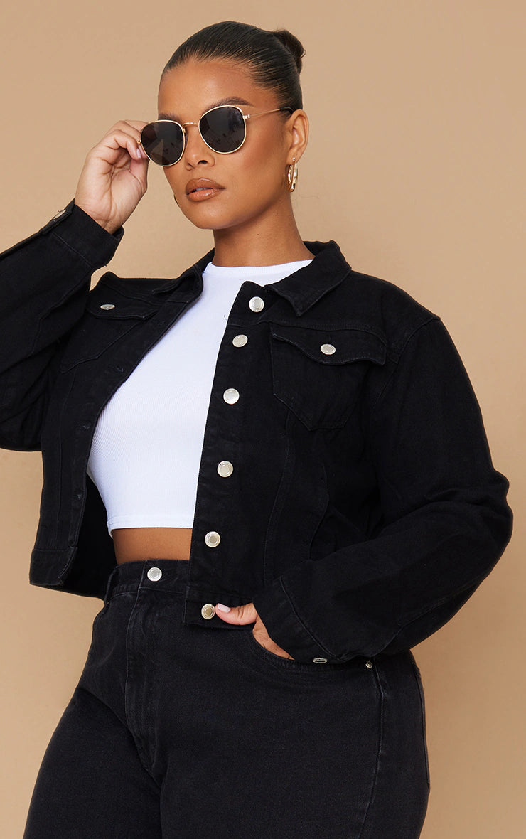 Plus Black Crop Denim Jacket