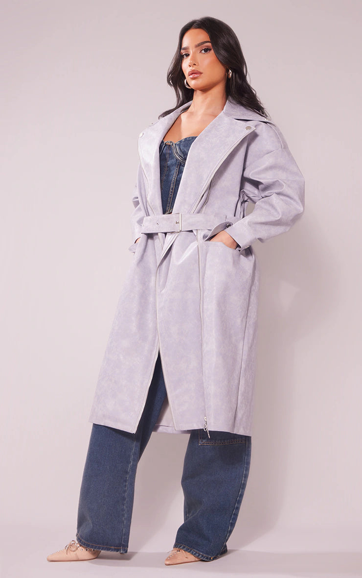 Petite Washed Grey Pu Biker Trench