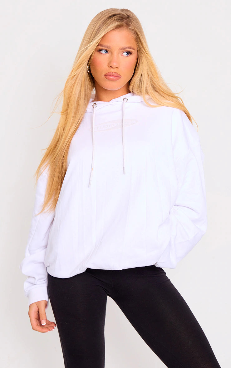 White Studio Mode Printed Cinch Bottom Hoodie