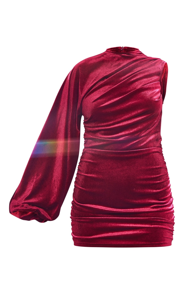 Cherry Red Velvet One Shoulder Ruched Detail Bodycon Dress