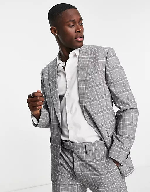 Topman Check Slim Jacket In Grey