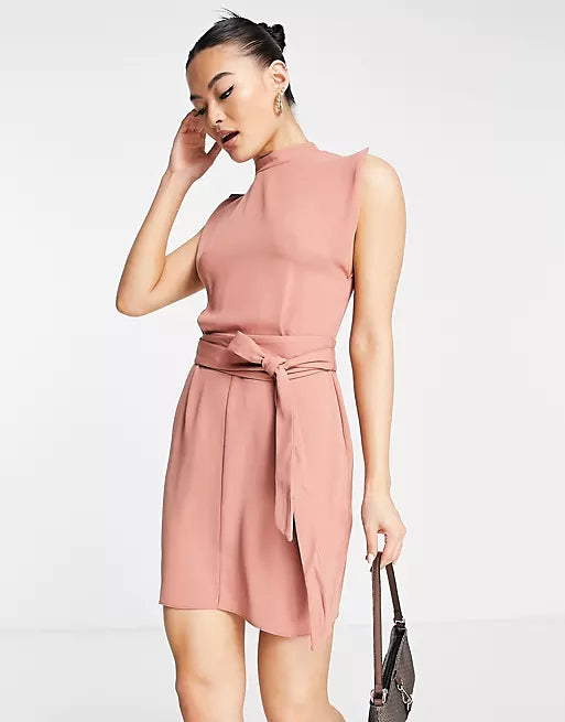 Split Sleeve Mini Dress With Obi Belt In Terracotta