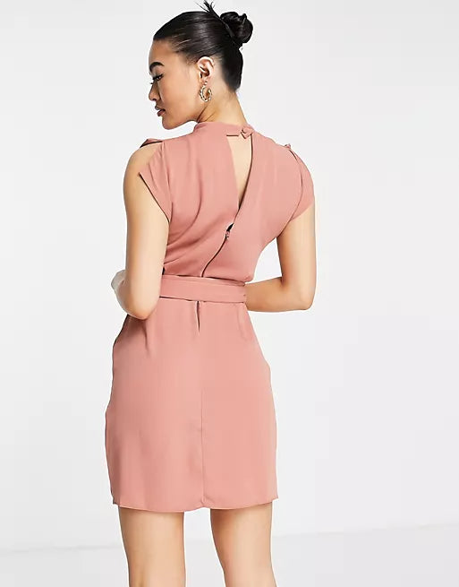 Split Sleeve Mini Dress With Obi Belt In Terracotta