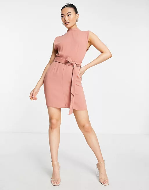 Split Sleeve Mini Dress With Obi Belt In Terracotta