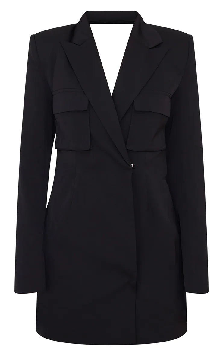 BLACK WOVEN UTILITY STYLE BACKLESS BLAZER DRESS