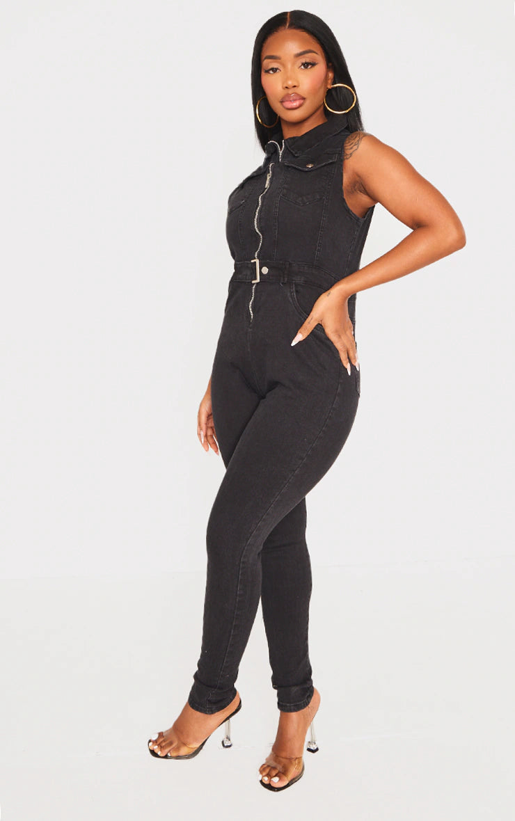 SHAPE BLACK BELTED DETAIL STRETCH DENIM JUMPSUIT