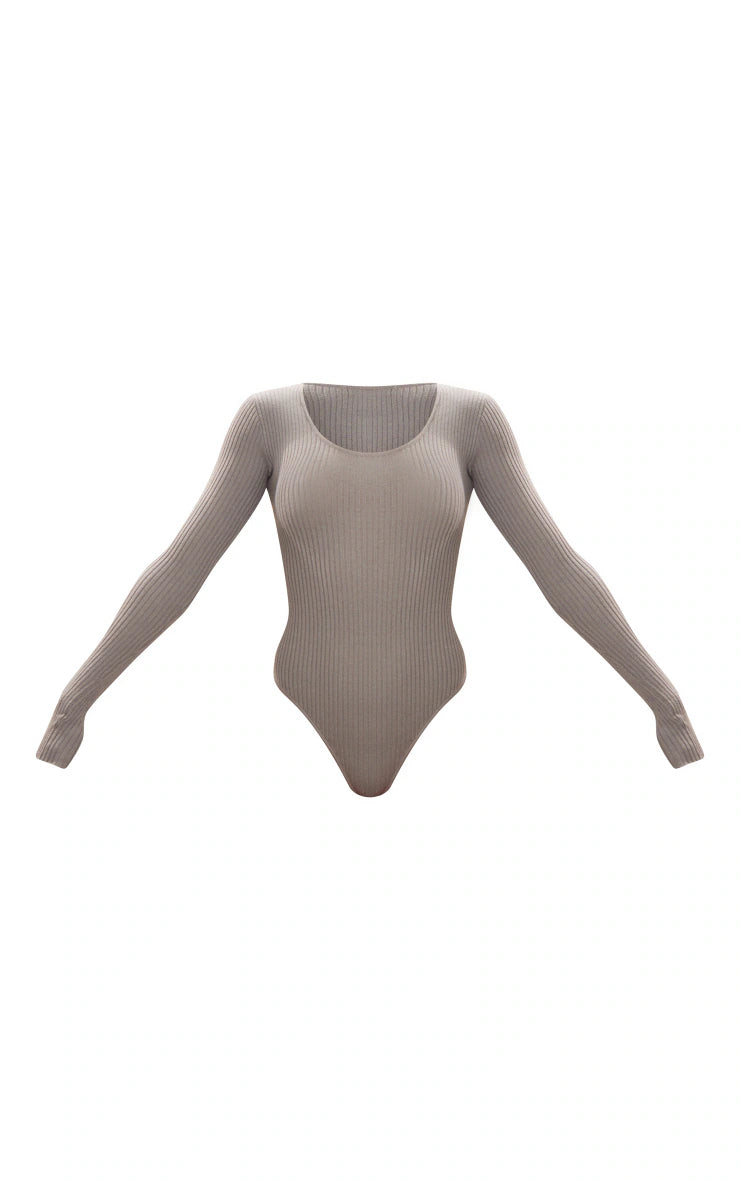 Charcoal Knitted Ribbed Scoop Neck Bodysuit