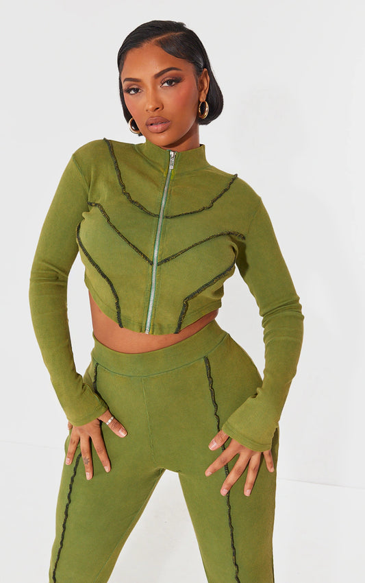 SHAPE KHAKI SOFT RIB SEAM DETAIL LONG SLEEVE CROPPED JACKET