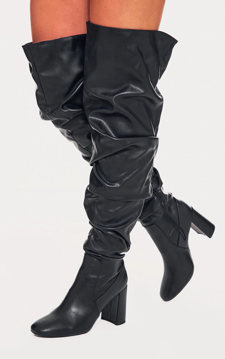 Black Pu Round Toe Ruched Over The Knee Block Heeled Boots