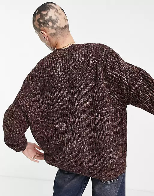 Heavyweight fisherman rib crew neck jumper in burgundy twist