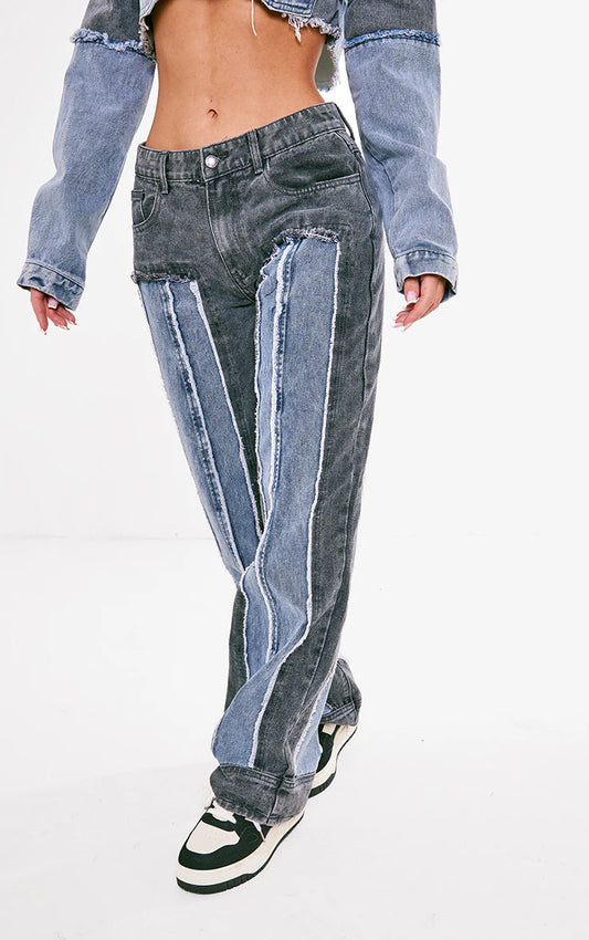 Washed Grey Double Layered Denim Straight Leg Jeans