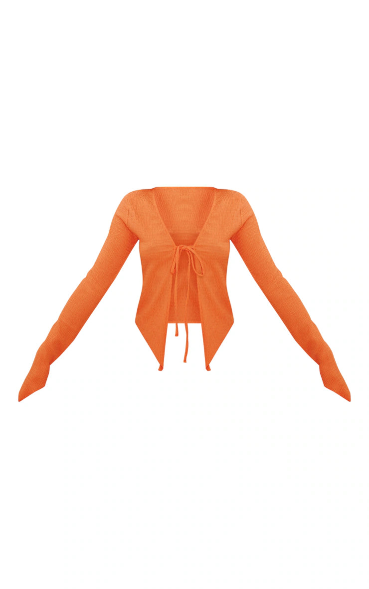 Orange Textured Tie Front Hanky Hem Shirt