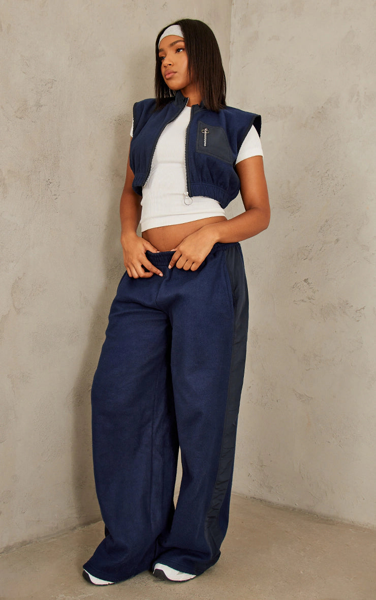 Navy Fleece Contrast Mid Rise Wide Leg Sweatpants