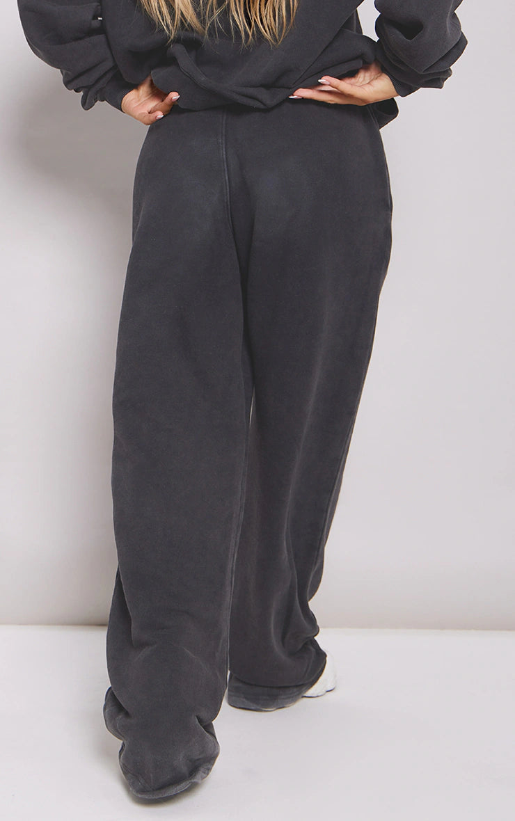 CHARCOAL WASHED BLOCK EMBROIDERED OVERSIZED WIDE LEG SWEATPANTS